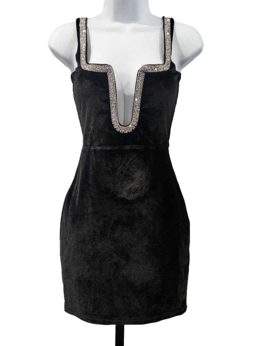 PrettyLittleThing Black Diamanté Velvet Bust Detail Plunge Bodycon Dress Size 10